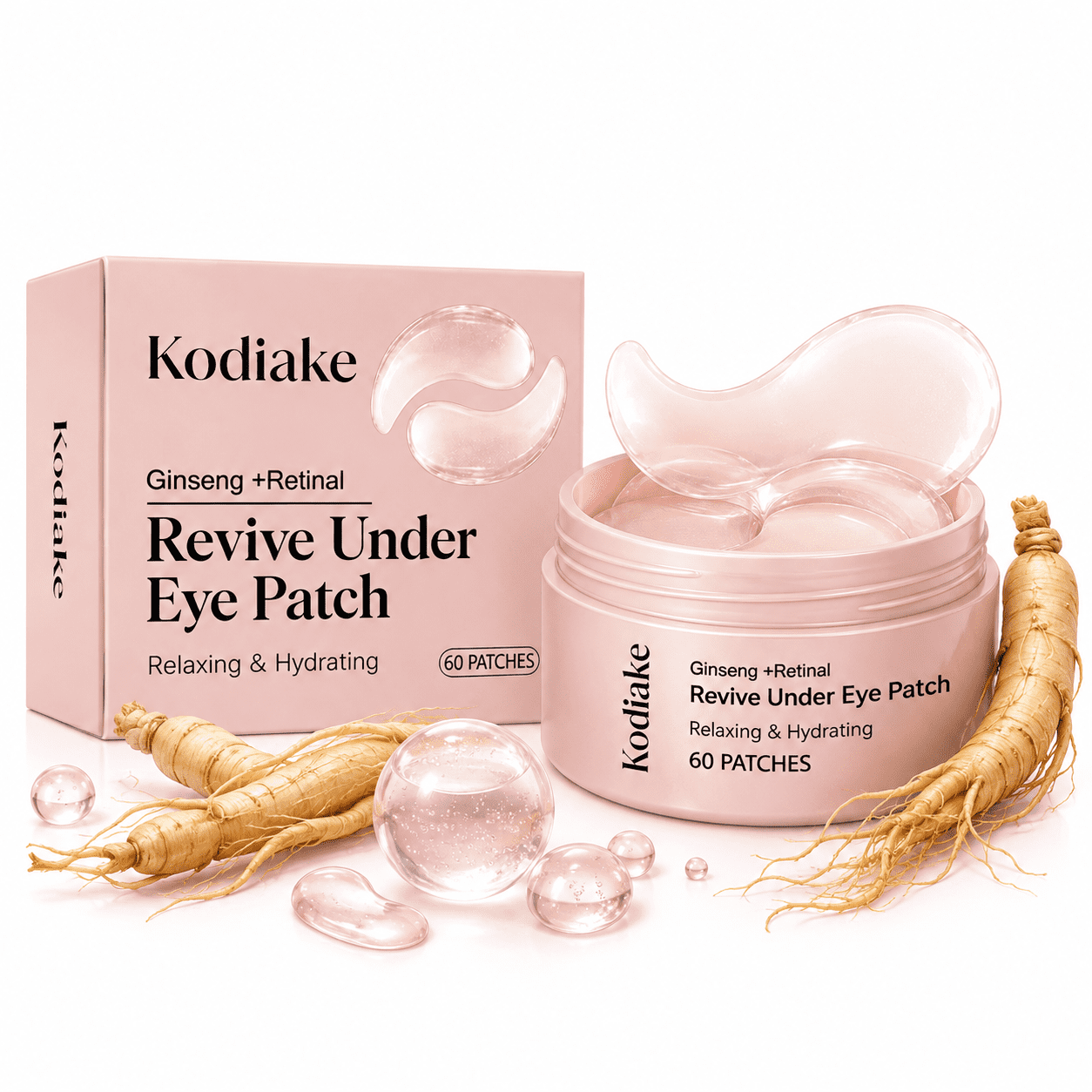 Kodiake Ginseng and Retinal Revive Under Eye Patches 60 Count, Hydrating Eye Masks for Puffy Eyes, Dark Circles and Fine Lines Care