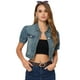 thumbnail image 1 of Chaquetas de mezclilla lavada para mujer Chaqueta vaquera recortada de manga corta abullonada Azul L, 1 of 5