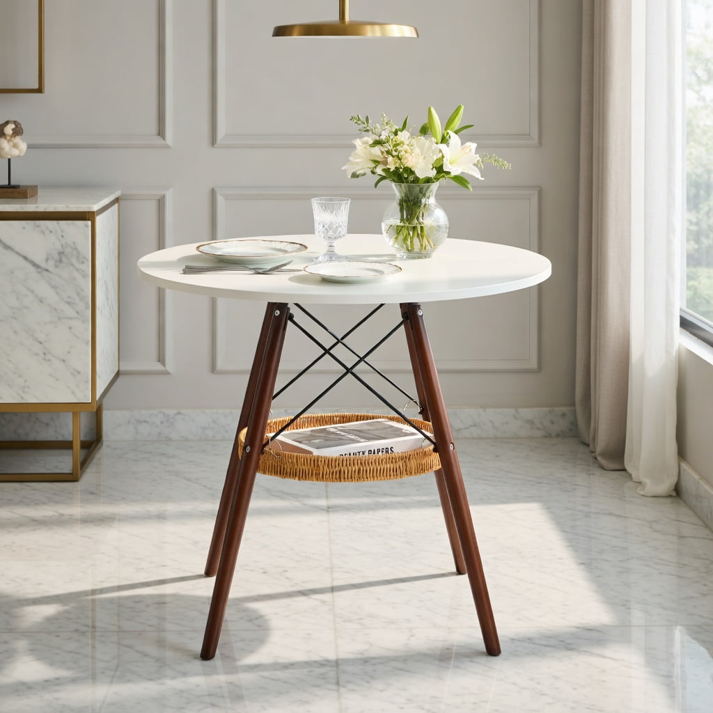 Hommoo 31.5" Round Dining Table with Walnut Solid Wood Legs, White MDF Vacuum-Formed Top & Under-Mount Woven Storage Basket, Modern Nordic Coffee Table for Small Spaces, White & Brown