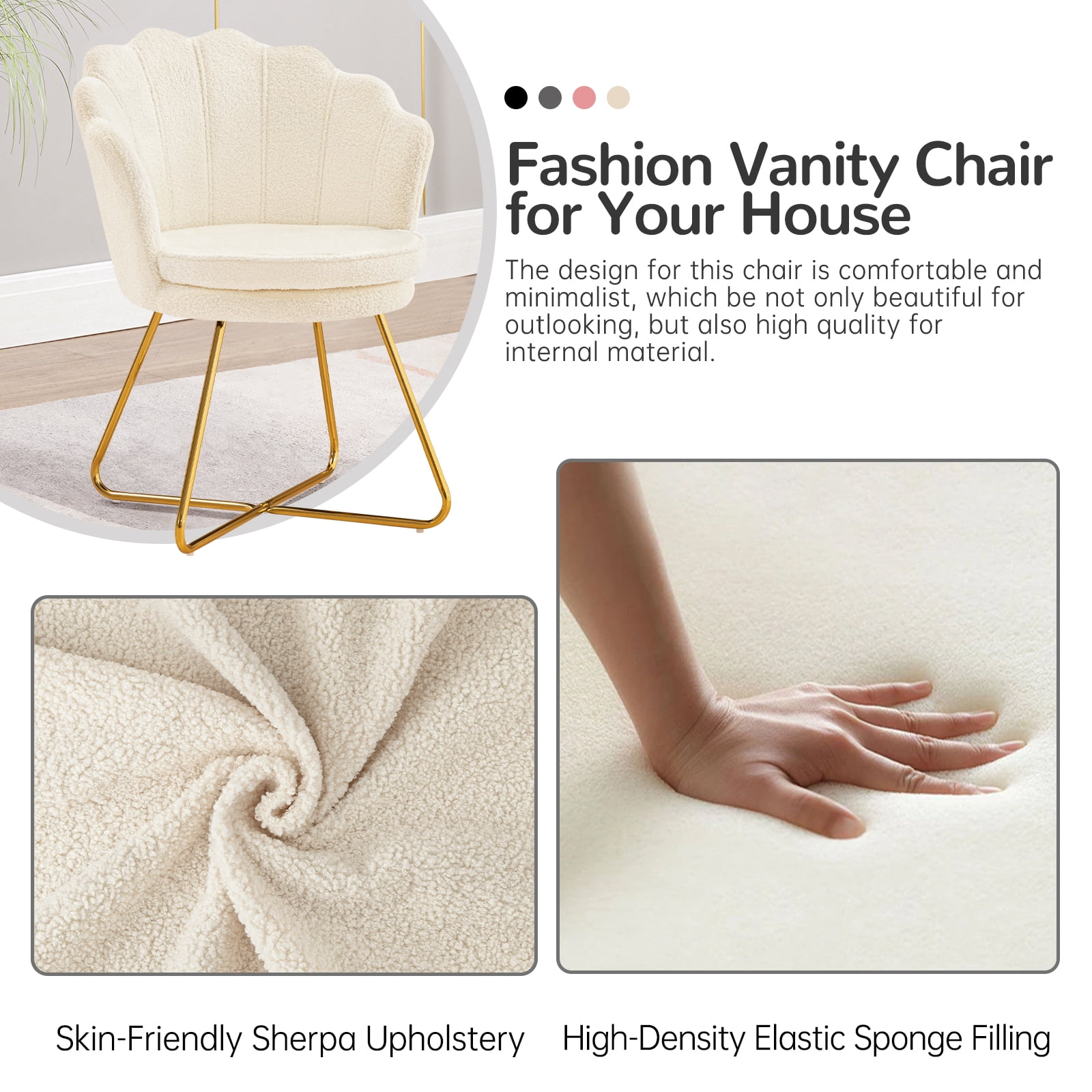 Furniliving Modern Sherpa Accent Chair Shell Back Makeup Chair Upholstered Arm Chair, White