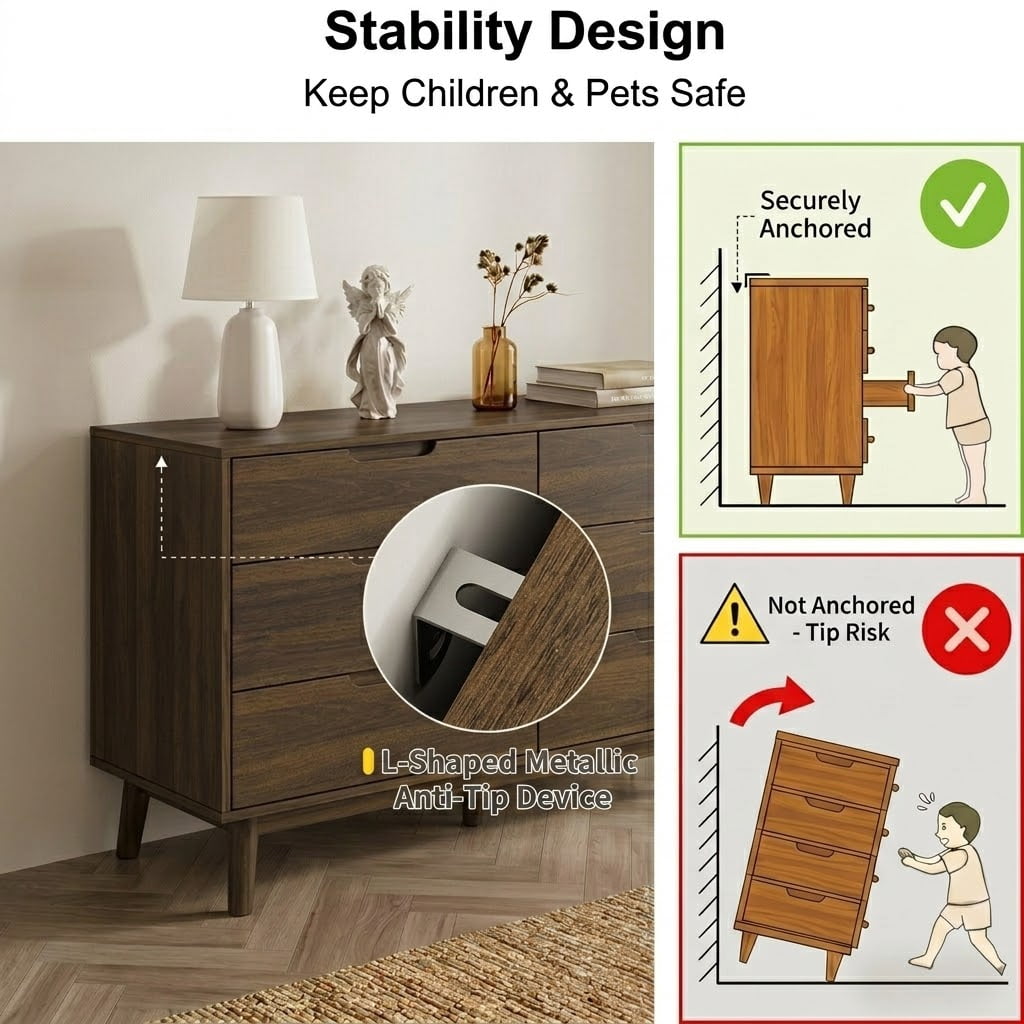 VLTALOOM  47" Wide 6-Drawer Dresser, Mid-Century Modern Wooden Double Dresser for Bedroom, Dark Walnut Wood Grain Large Horizontal Storage Chest for Living Room with Anti-Tip Kit