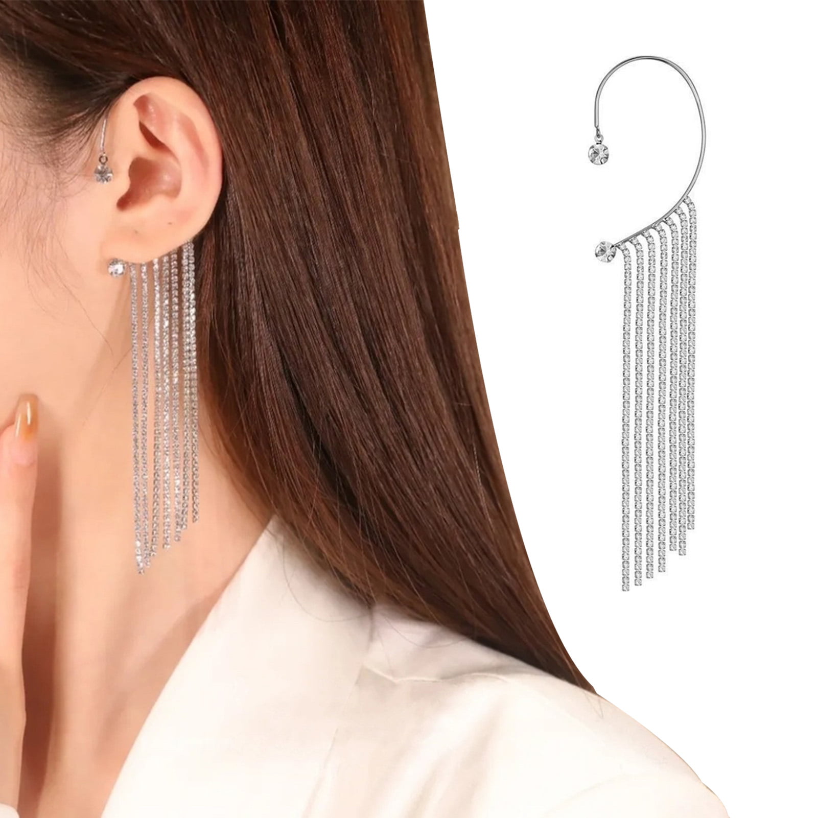 Silver Plated Clip on Earrings Abstract Twist Long Chain Tassel for Girls Women Prom Party