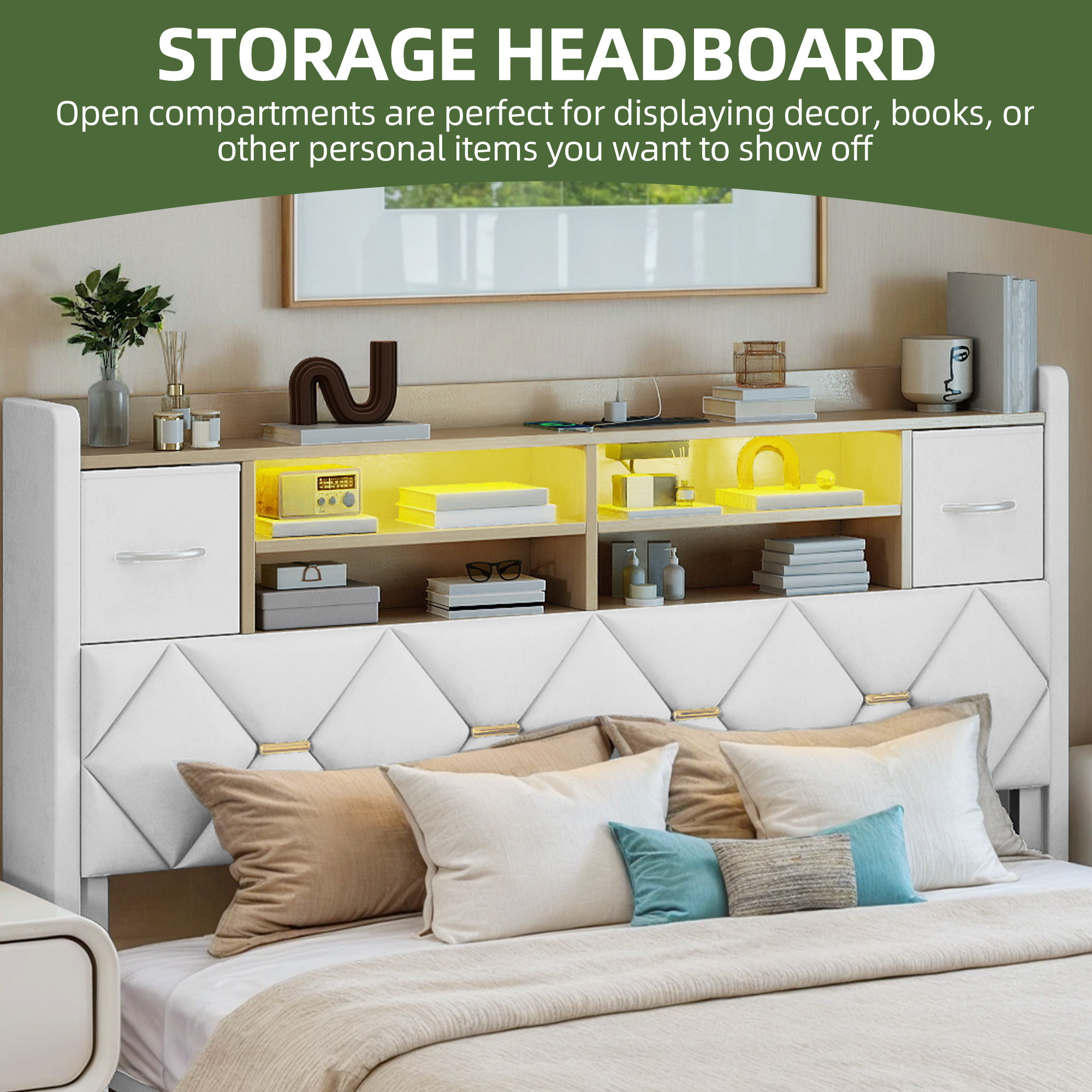 Uforic Upholstered Queen Size Bed Frame with Drawers & Storage Headboard, Velvet Bed Frame with LED Lights & Power Outlets, White