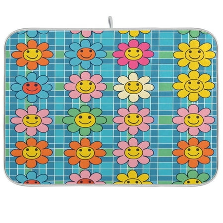 

joogoo Cute Flower on Checkered Dish Drying Mat Kitchen Counter Absorbent Drying Pad 16x18 in Drainer Rack