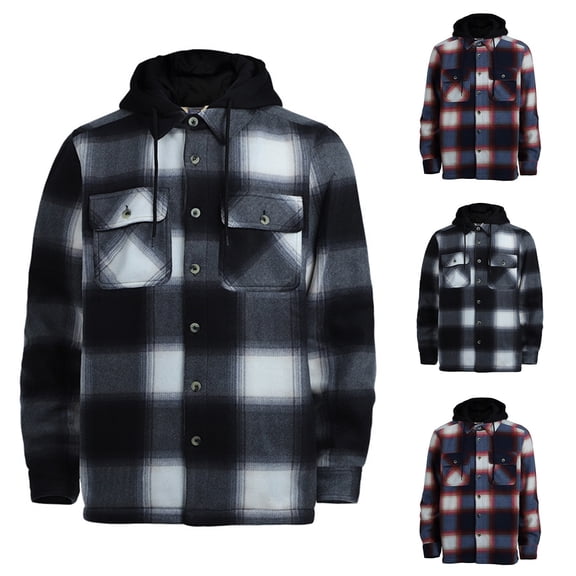 Men Flannel Plaid Jacket Lined Hoodies for Men Winter Warm Coat Buffalo Zipper Sweatshirt Black XXXL