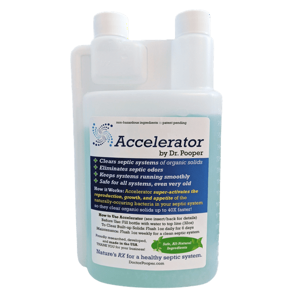 Accelerator by Dr. Pooper®️ Liquid Septic Treatment, 32 oz - Eliminates Solids, Odors, Bacteria, Sludge, Clogs - Cleans Tanks & Pipes