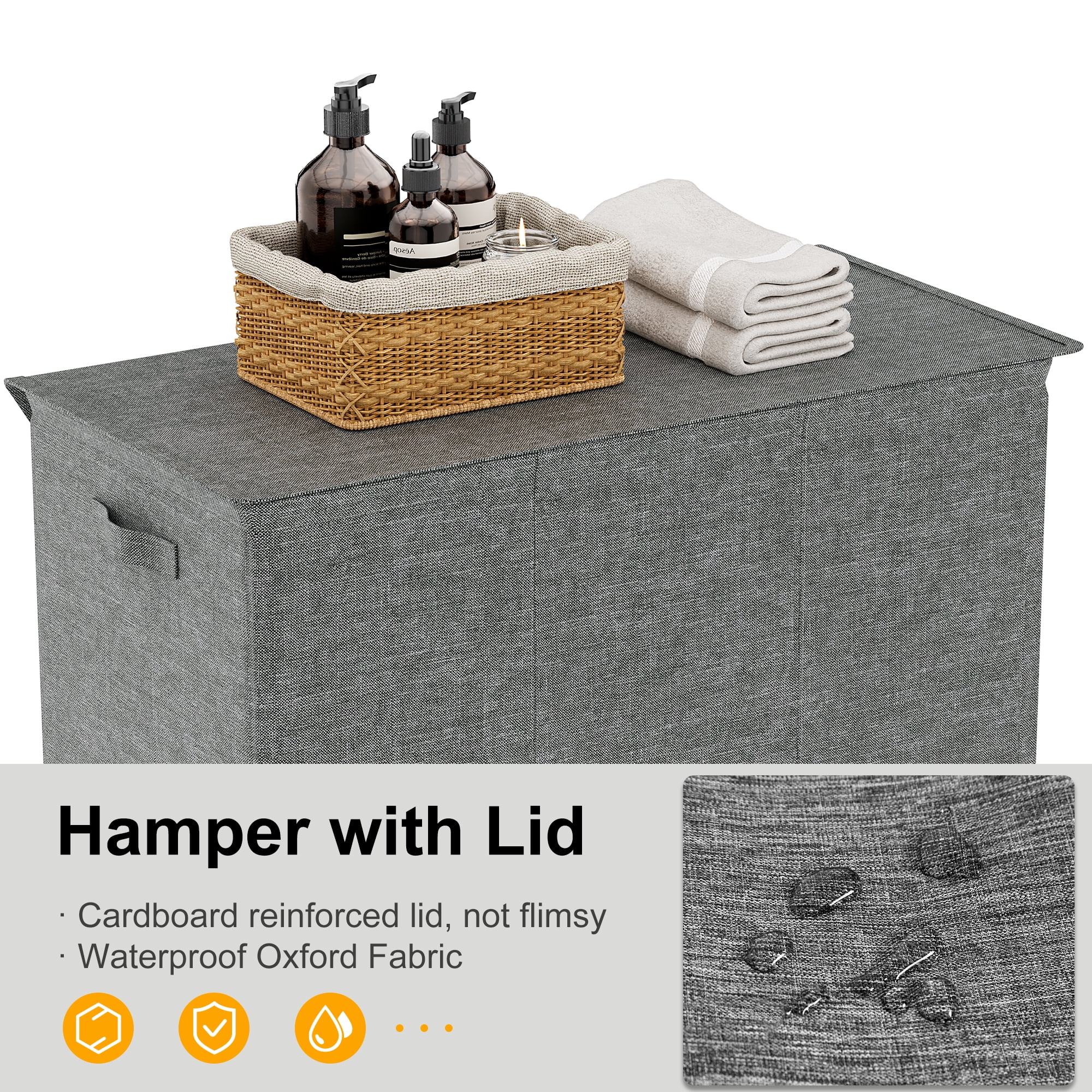 BGTREND Large Laundry Basket with Lid, 180L 3 Section Laundry Hamper with Mesh Lining Bags, Foldable Clothes Hamper for Bathroom Bedroom Closet, Adult, Dark Gray