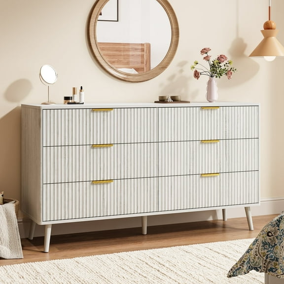 YouTrend Fluted 6 Drawers Dresser, 55.1" Wide Modern Chest of Drawers with Wood Foot, Dresser TV Stand Up to 65 Inch TV, Wood Drawer Organizer for Bedroom, Living Room, Hallway