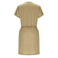 thumbnail image 5 of Drawstring Mini Dress for Women Long Sleeve V Neck Tshirt Dress Fall Casual Loungewear a Line Short Dress with Pockets Khaki L, 5 of 6