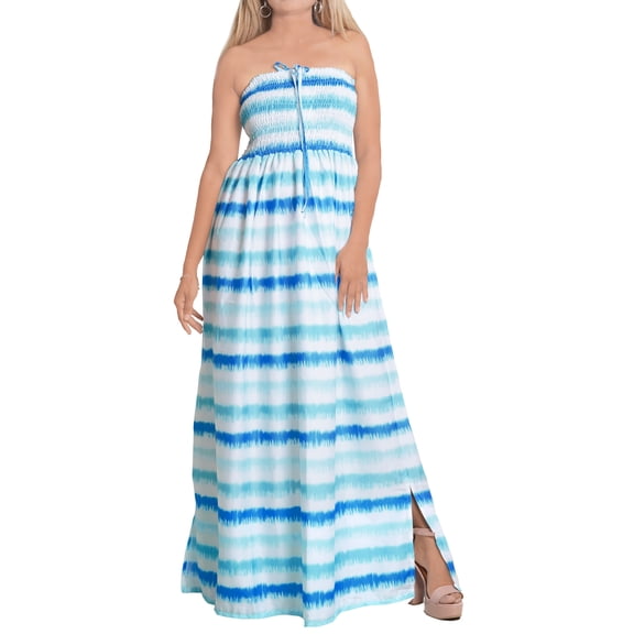 LA LEELA Women's Holiday Beach Summer Vacation Ruffle Casual Strapless Dresses Tube Top Basic Short Evening Dress L-XL Blue Stripe