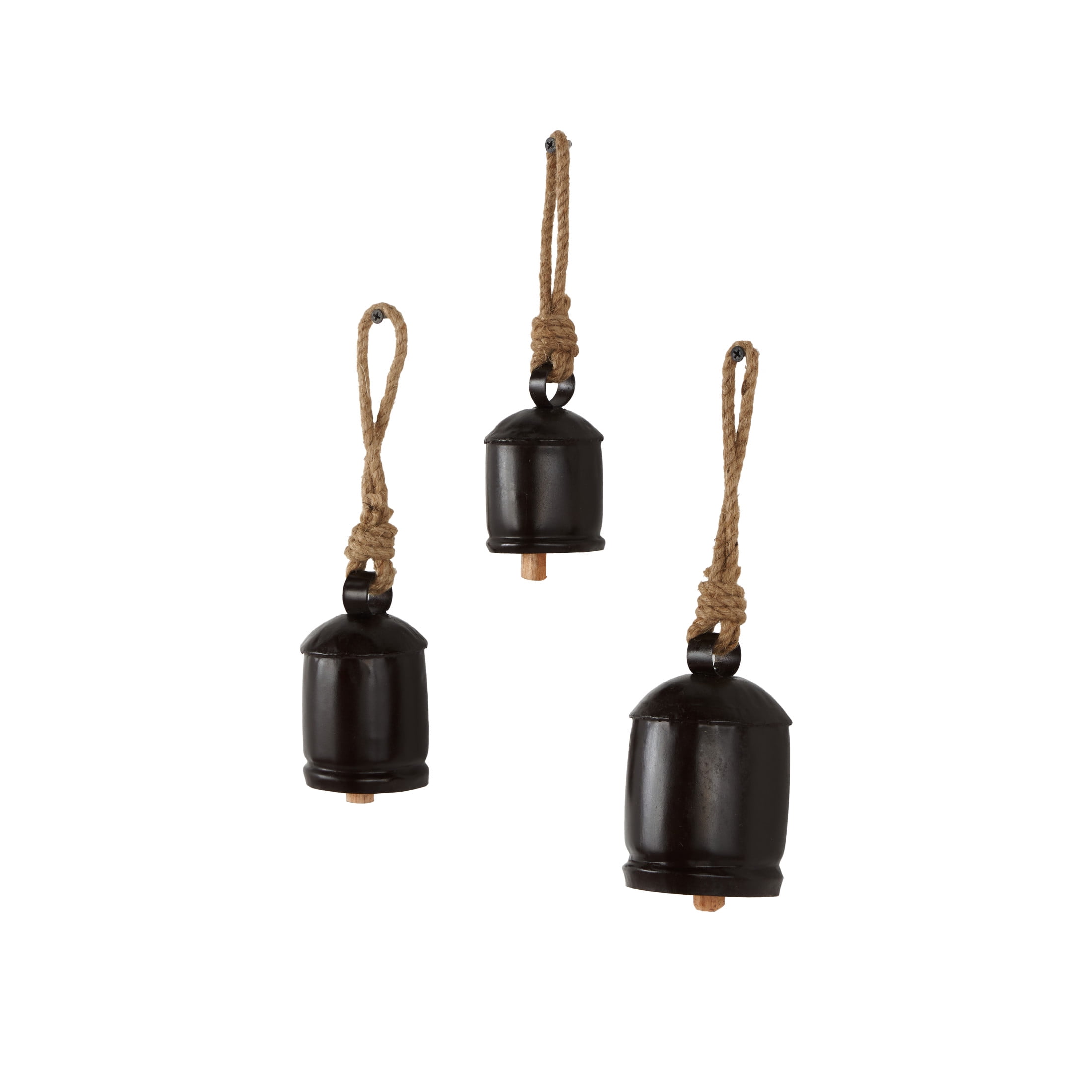 DecMode Tibetan Inspired Dark Brown Metal Cylindrical Decorative Cow Bells with Jute Hanging Rope, 3 Count