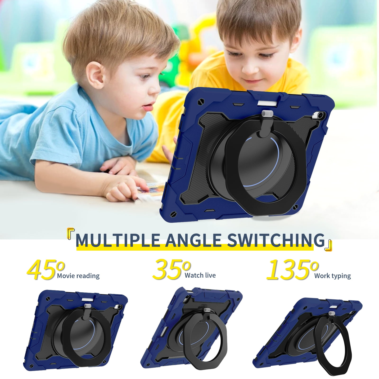 Allytechgroup for iPad Air 13 inch M2 Case 2024 with Pencil Holder, 360° Rotating Handle Grip Stand Cover Heavy Duty Military Grade Protection Rugged Shockproof Kickstand Kids Girl Case, Darkblue