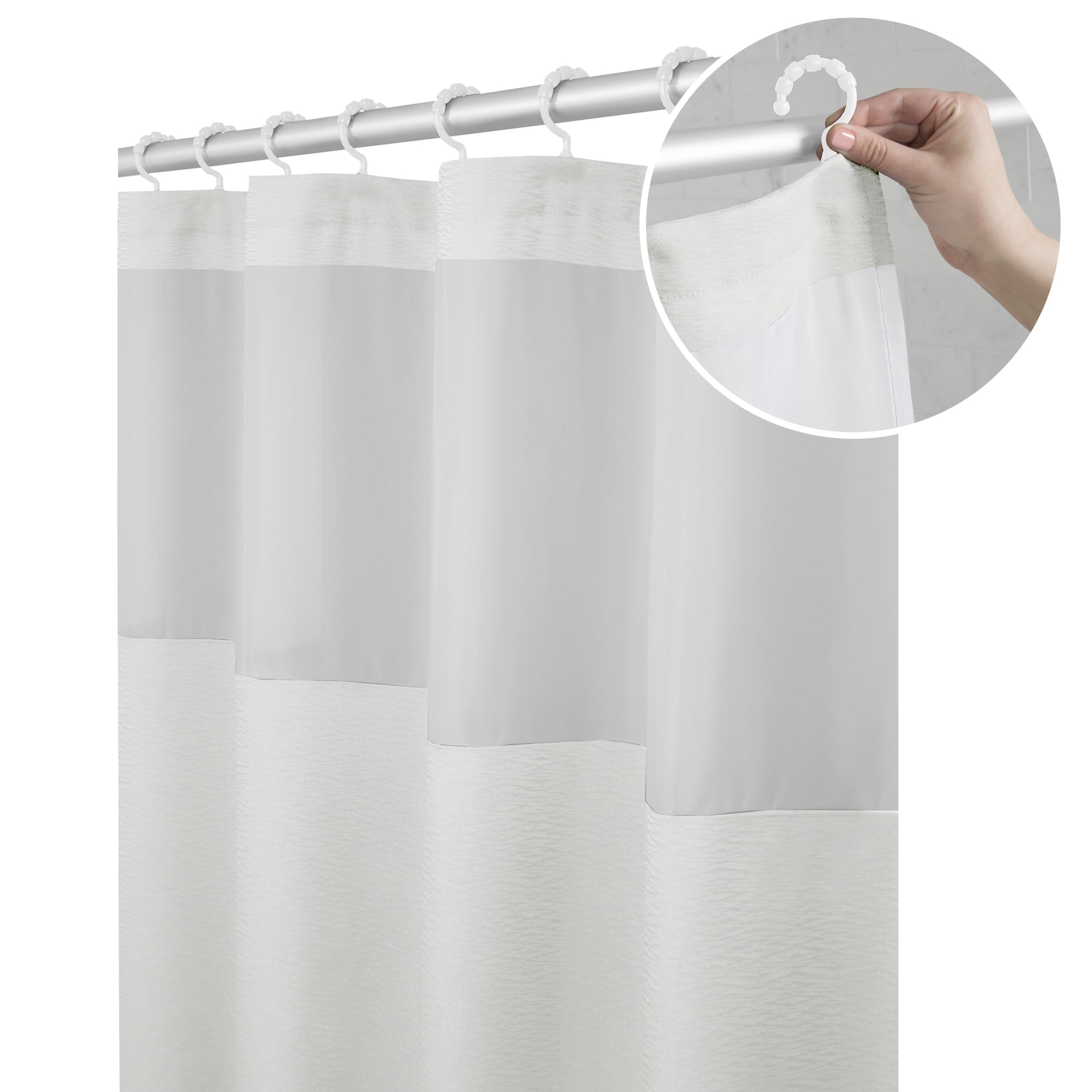 Set of 12 & N&Y Home Fabric Shower Curtain Liner Solid White with Magnets Maytex Metal Double Roller Glide Shower Curtain Ring/Hooks 70 x 72 inches for Bathroom 70x72 Brushed Nickel