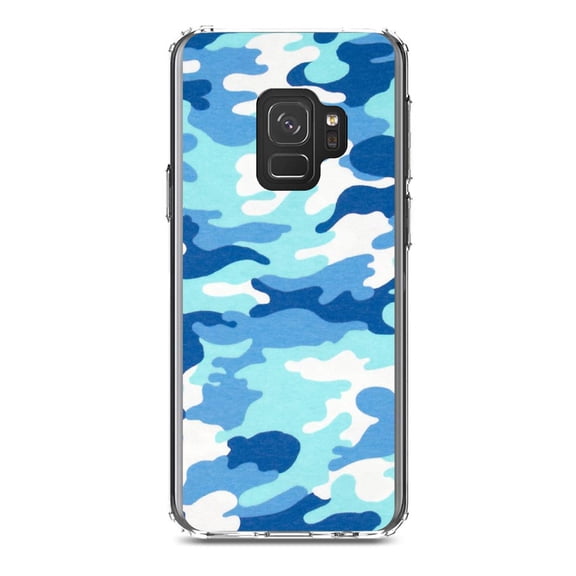 DistinctInk Clear Shockproof Hybrid Case for Samsung Galaxy S9 (5.8" Screen) - TPU Bumper, Acrylic Back, Tempered Glass Screen Protector - Blue White Camouflage - Camouflage Pattern