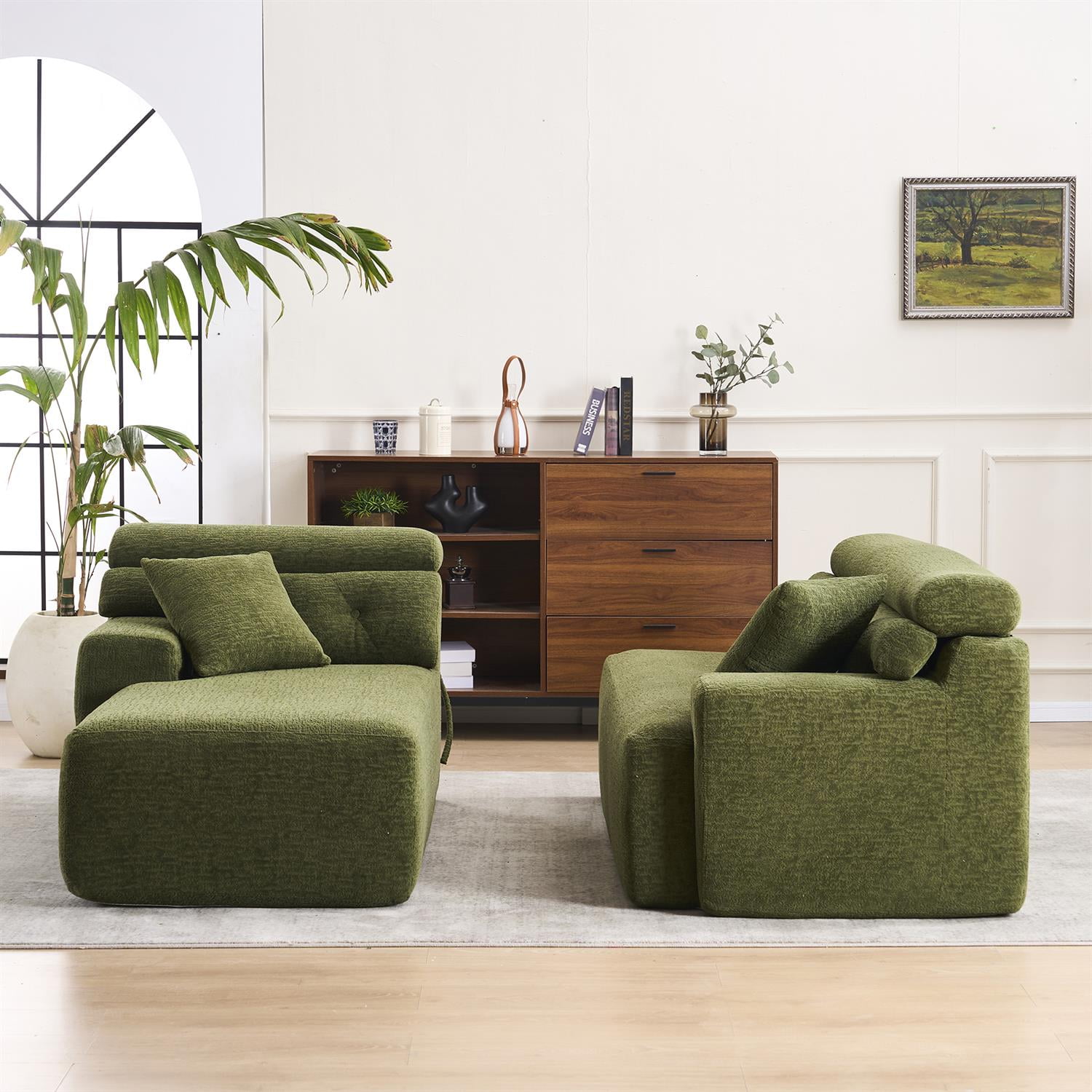 Demi Bonn 105" Modern L-Shaped Sectional Sofa, 3-Seater Couch with Chaise Lounge, 2 Accent Pillows, Wood Grain Chenille Fabric for Living Rooms, Green