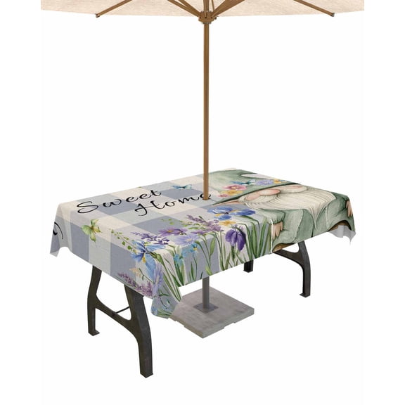 Outdoor Tablecloth with Umbrella Hole for Patio/Picnic/Party/Camping, Rustic Gnome Waterproof Table Cloth Rectangle Table Cover Washable, Spring Flowers Butterfly Purple Check 54"x 80"