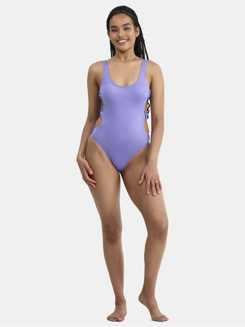 【NONCODE】Flowy Color Matching Ribbed One Piece Kona Sol Women's Wide Ribbed Ring Medium Coverage One Piece