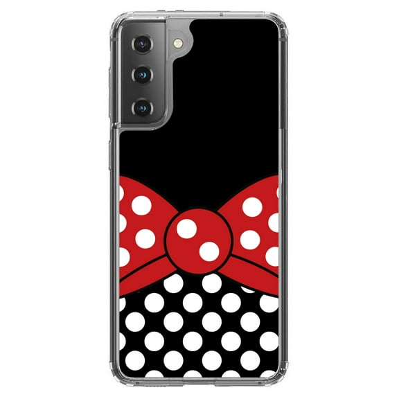 DistinctInk Clear Shockproof Hybrid Case for Galaxy S21 5G (6.2" Screen) - TPU Bumper, Acrylic Back, Tempered Glass Screen Protector - Black White Polka Dot Red Bow Minnie