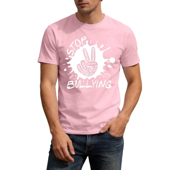 Stop Bullying Graphic Letter Print Short Sleeve T Shirts for Men Crew Neck Soft Blend Casual Top Light Pink L