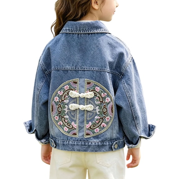 Edvintorg Toddler Clothes for Girls Jean Jacket Cute Embroidery Lapel Long Sleeve Denim Coat with Pockets Kids Clothes Girls 18M-14Y