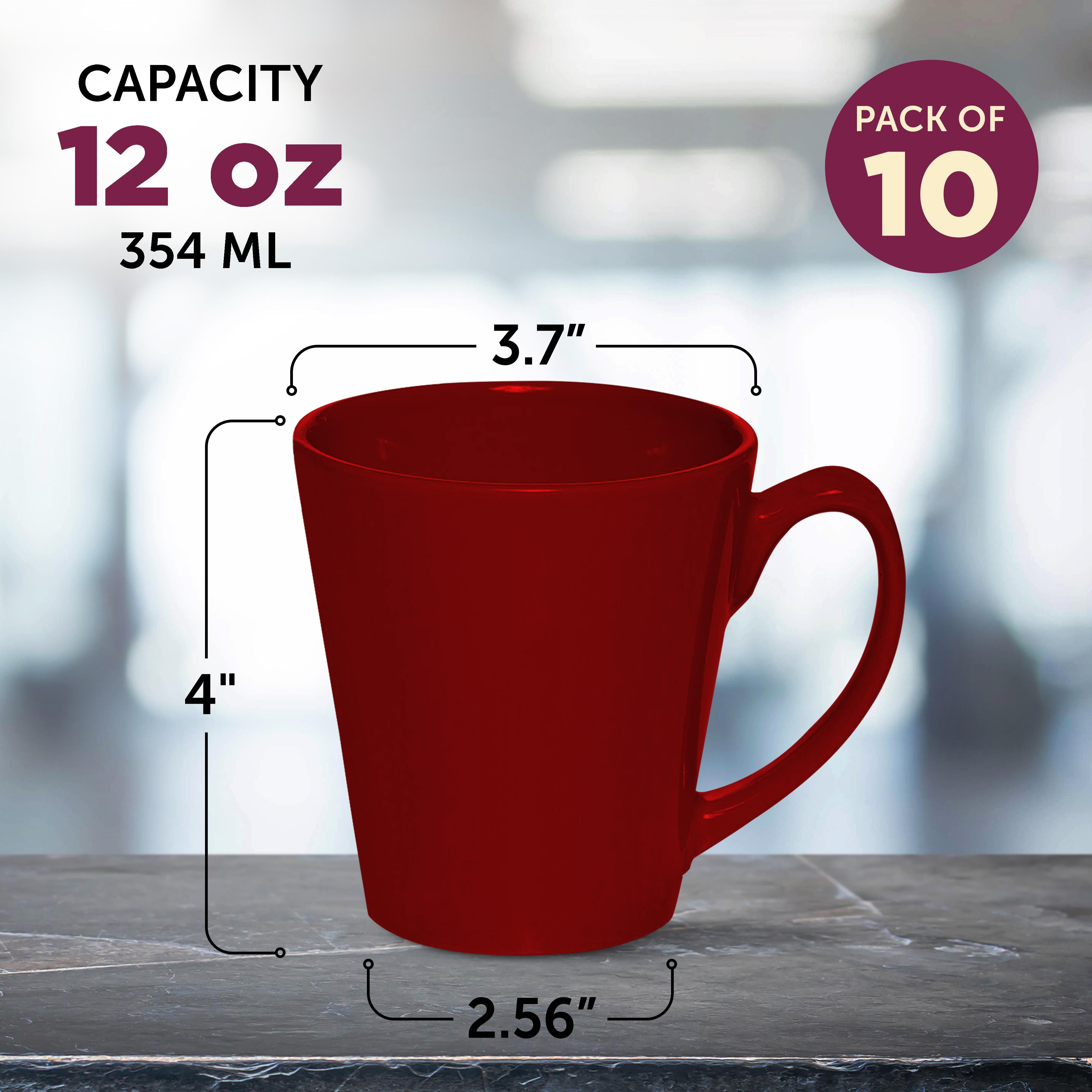 Glossy Ceramic Latte Coffee Mug 12 oz. Set of 10, Bulk Pack - Perfect for Tea, Espresso, Cappuccino, Hot Cocoa - Maroon