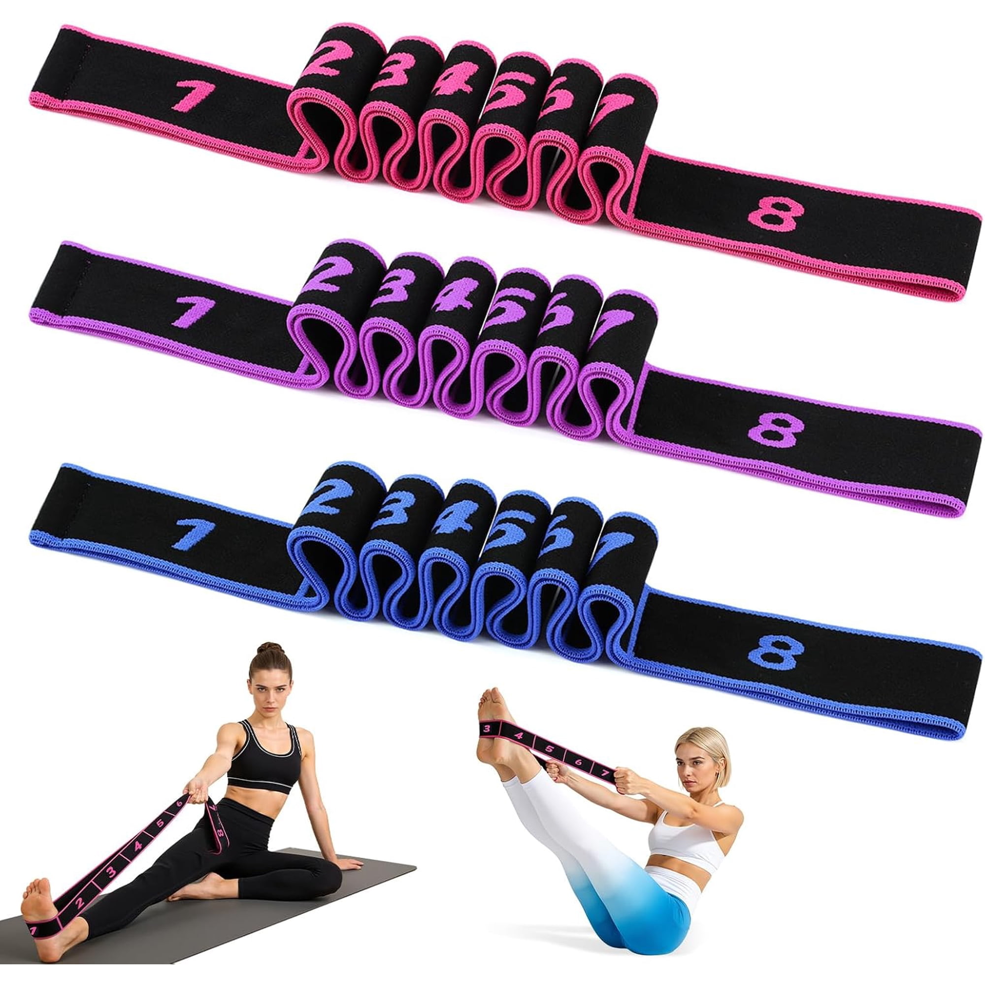 3PCS Fitness Resistance Band with Handles, 8-Section Numbered Elastic Resistance Band | Fitness Band with Clear Markings for Yoga, Stretching, Pilates