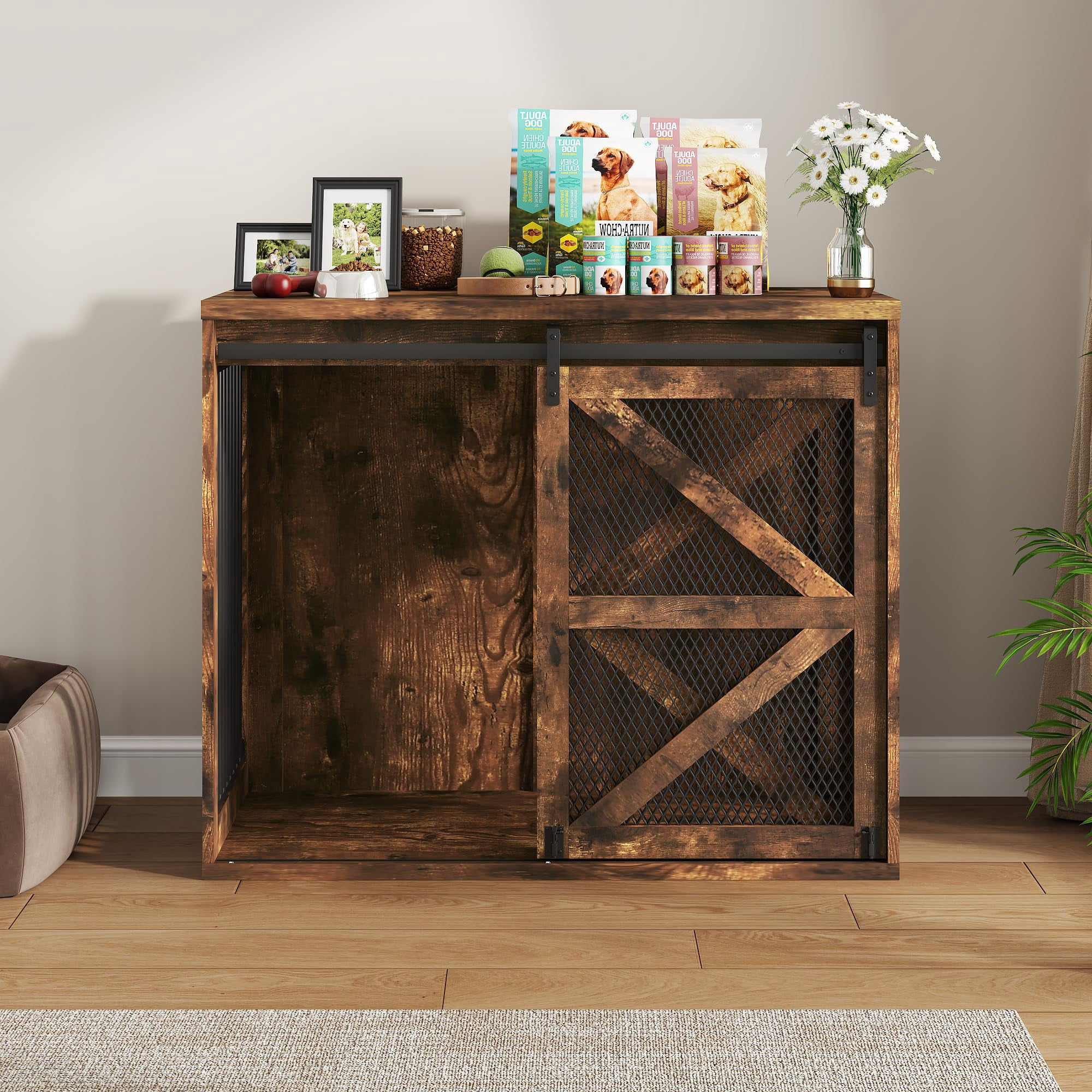 Blotout 43.3" Farmhouse Dog Crate Furniture, Wooden Dog Crate Furniture with Sliding Metal Mesh Barn Door, Solid Metal Tube & 2 Lockable Doors, XL Rustic Brown
