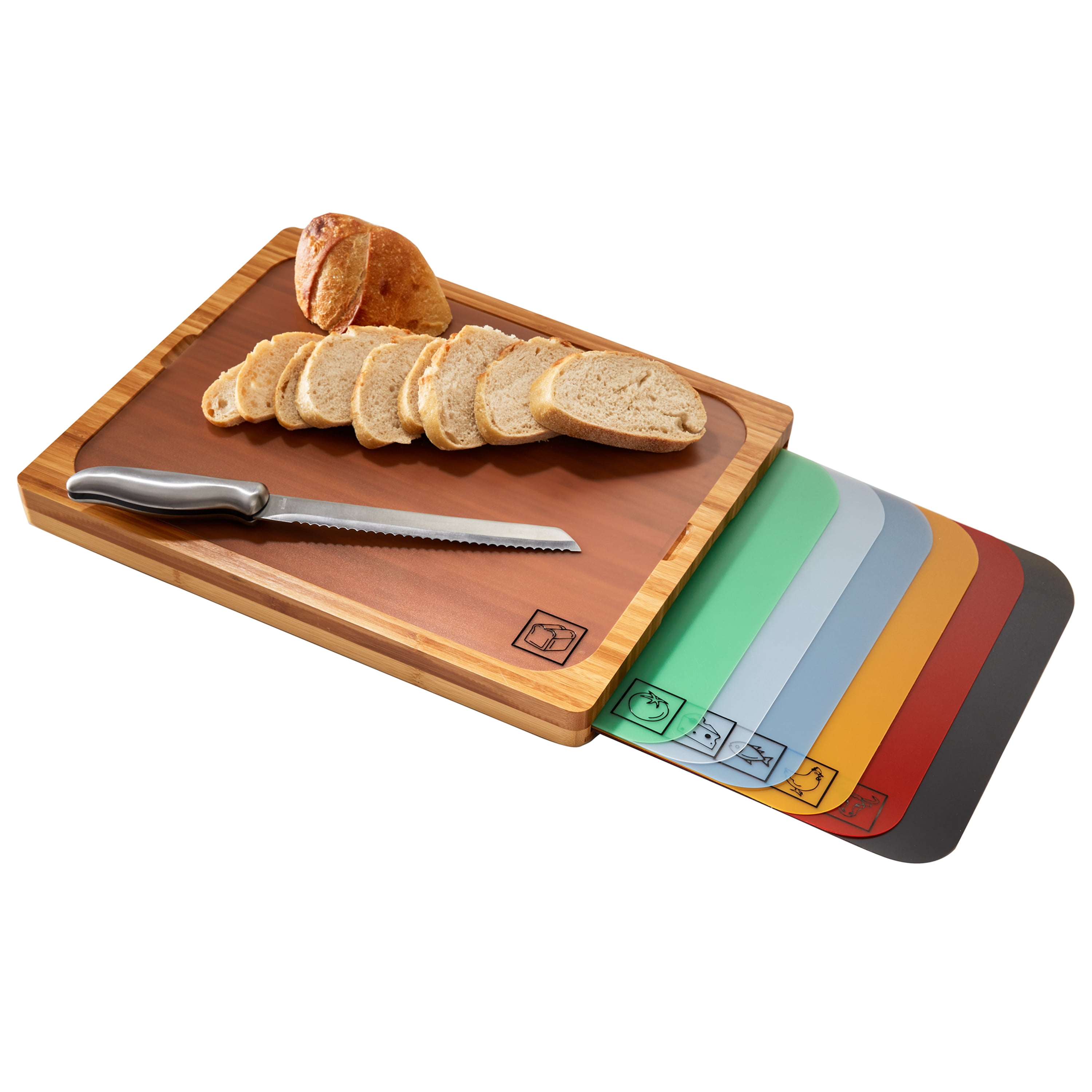Seville Classics Bamboo Cutting Board w/ 7 Color-Coded Cutting Mats