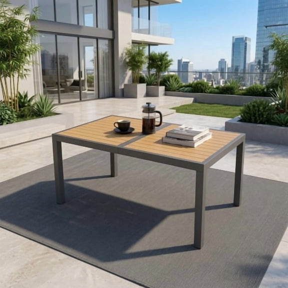 59" Grey Aluminum Heavy-Duty Rectangular Outdoor Patio Dining Table with All-Weather HDPS Slatted Top & Rust-Resistant Frame