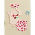 thumbnail image 2 of Suealasg Baby Girl Birthday Outfits Clothes Short Sleeve Letter Print Romper + Watermelon Print Shorts + Headband Set 3Pcs Summer Clothing for Newborn Girl, 2 of 9
