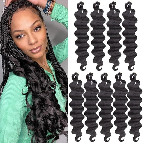 shiyou-9 Packs Black Body Wave Braiding Hair 18 Inch Pre-Feathered Braiding Hair for Boho Box Braids French Curl Crochet Braids Synthetic Hair Extensions for Women(1B#)