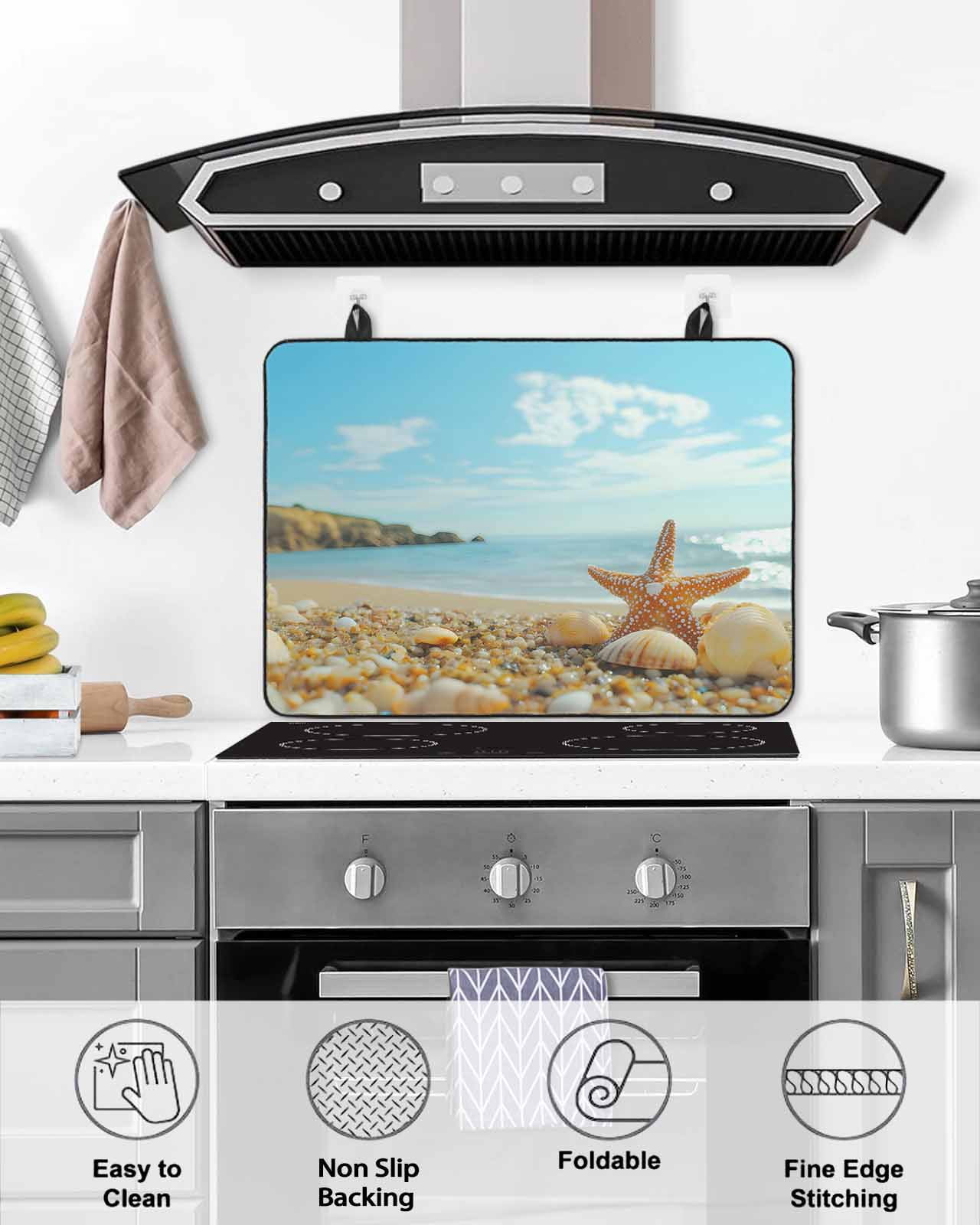 nqOlkjepod Large Induction Cooktop Protector Mat 24"x21", Coastal Starfish Stove Top Covers for Electric Stove, Modern Ocean Beach Conch Seashells Stove Burner Cover Mats, Glass Top Stove Cover