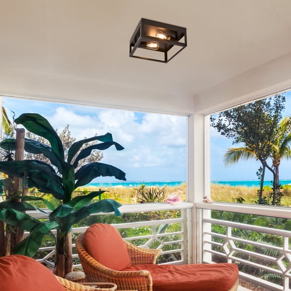 Maxxima 12” 2-Light Indoor / Outdoor Flush Mount Ceiling Light Fixture, Square Black Farmhouse Fixture, Bulbs Not Included