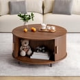 thumbnail image 3 of Round Coffee Table with Storage, 31.5" Modern Coffee Table with 360° Curved Sliding Door, Fluted Wood Accent Coffee Table with Adjustable Footpads, Round Center Table for Living Room, Walnut, 3 of 7