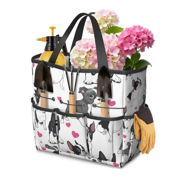 Garden Tool Bag,Pug and Love Heart Garden Tool Organizer,Garden Gifts,Waterproof Multi-Pocket Garden Tool Storage 11.8x5.5x11.4 Inch(Tools NOT Included)