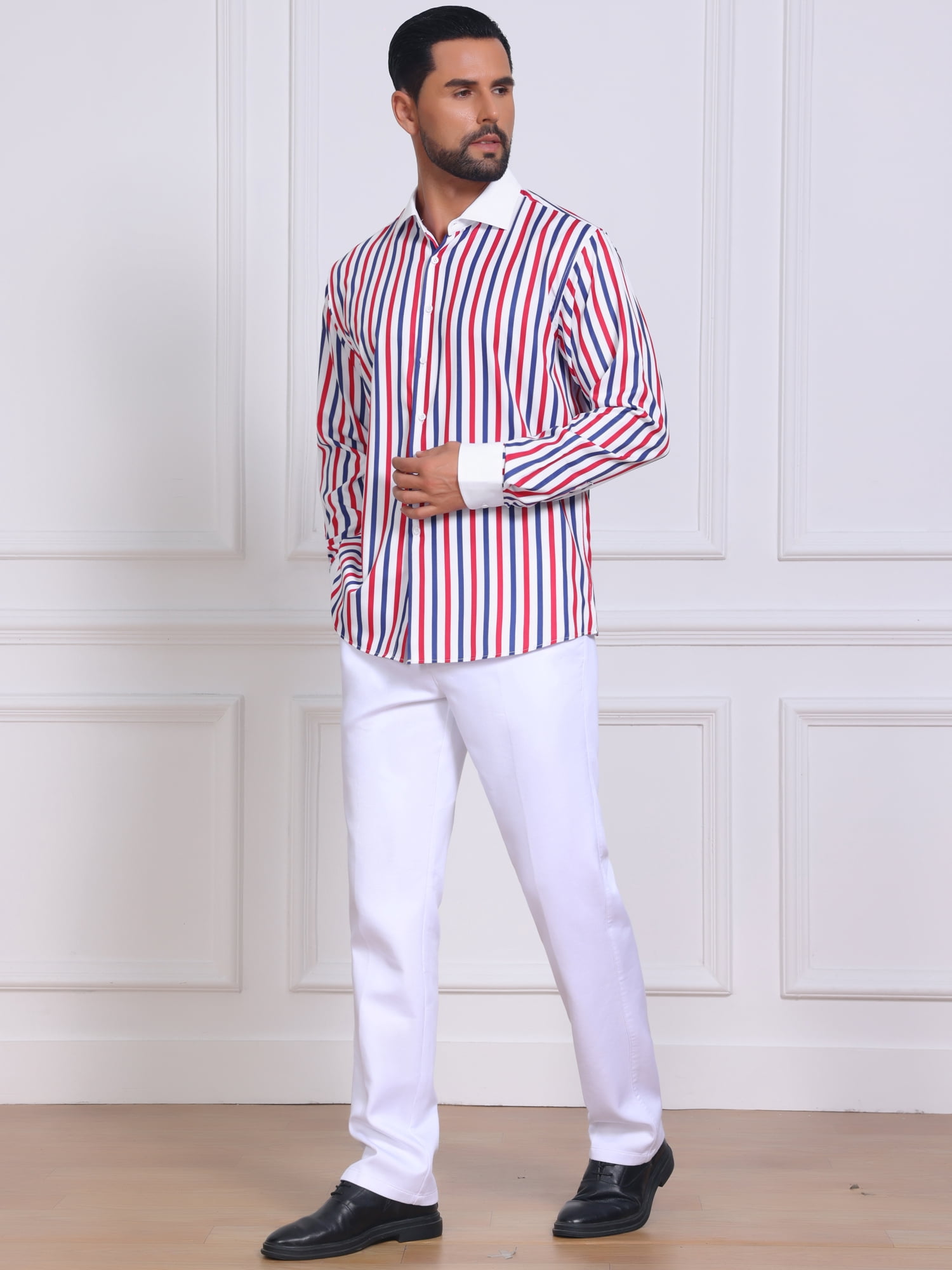 DARING DIVA Men's Striped Button Down Long Sleeve Stretch Shirts M Red Blue