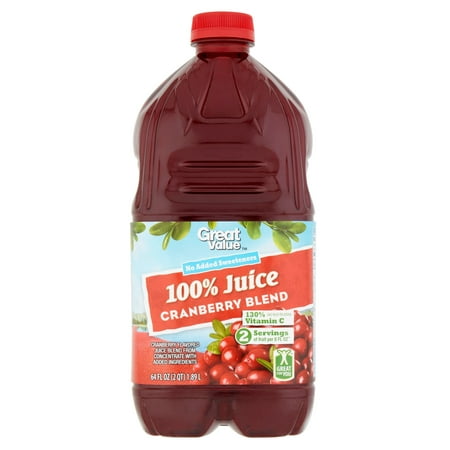 (2 pack) Great Value 100% Juice, Cranberry Blend, 64 Fl Oz, 1