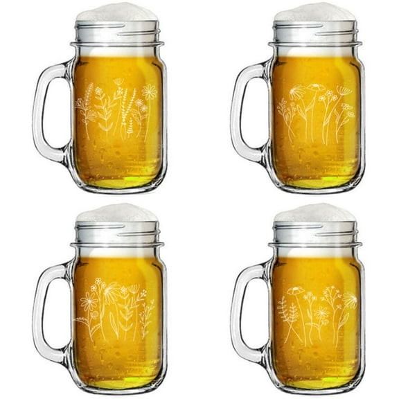 16oz Mason Jar Glass Mug w/Handle Gift Set of 4 Wildflowers Collection