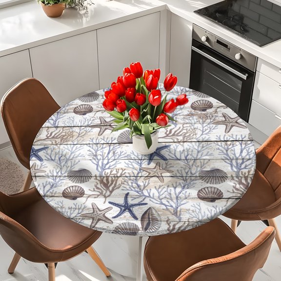Shell Coral Elastic Fitted Round Tablecloth Starfish Marine Life Wood Grain Waterproof Outdoor Table Cover for Holiday Party, Picnic, Patio & Dining Fits Tables Up to 36"-44"