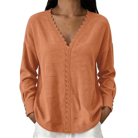 yillto Womens Tops Lace V Neck Ribbed Long Sleeve Dressy Fashion Elegant Loose Blouses Sweater