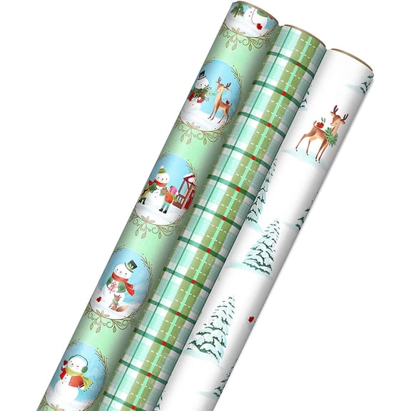 Christmas Wrapping Paper Rolls, Holiday Gift Wrap (Pack of 3: 120 sq. ft. ttl) Storybook Critters, Snowmen, Green and Blue Plaid