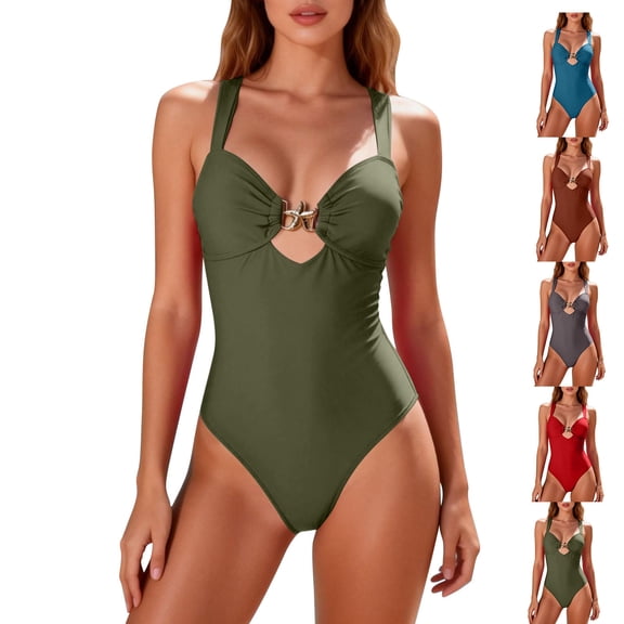 Womens One Piece Tummy Control Swimsuits Cutout Starfish Bathing Suit V Neck Halter Monokini Beach Vacation Red