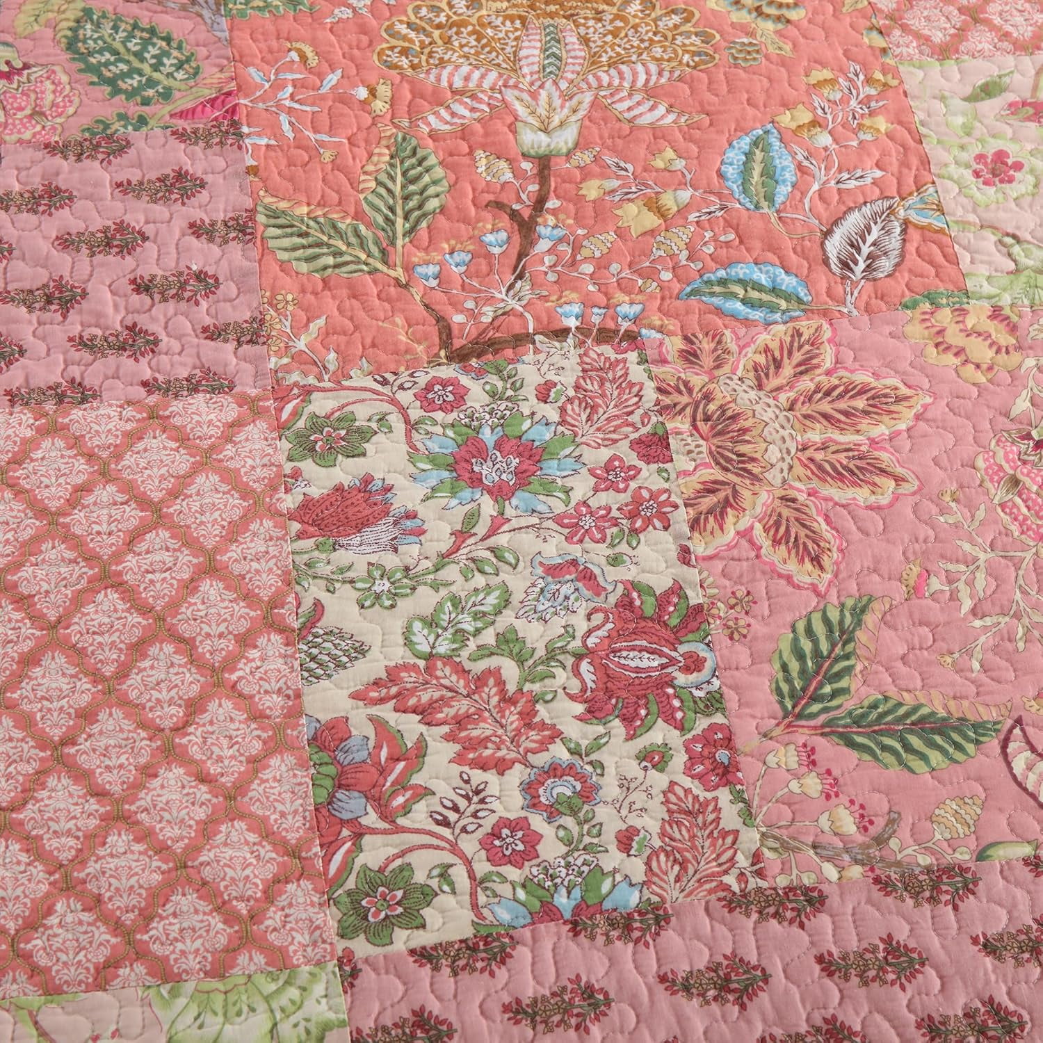 Nordmiex Patchwork Cotton Quilt Set Bohemian Pink Floral Bedding Set, California King