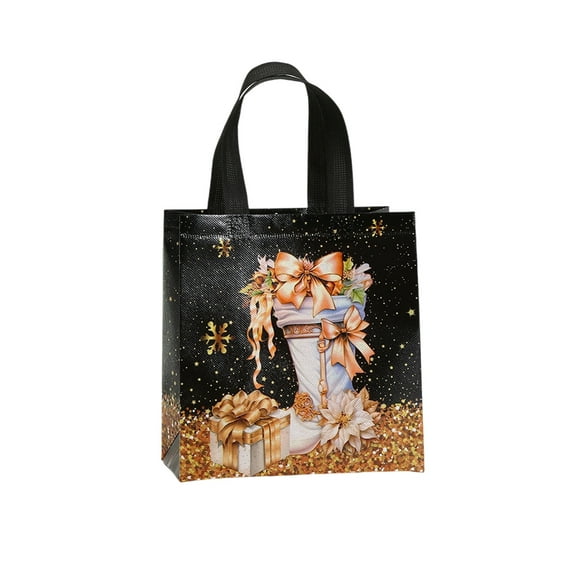 Christmas Non-Woven Gift Bags with Handles - Reusable Xmas Black and Gold Gift Bags for Candy, Cookies, Party Supplies (B)