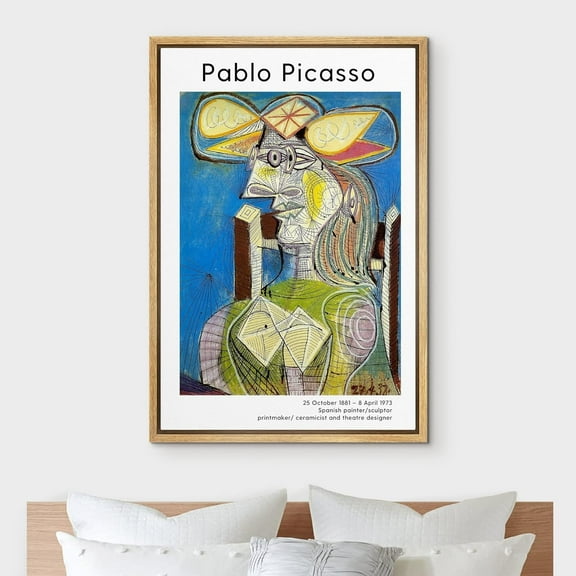 IDEA4WALL Framed Canvas Art Wall Decor Dora, Seated Woman by Pablo Picasso Historic Cultural Oil Painting Fine Art Abstract Contemporary Colorful for Dorm Home Office - 16"x24" Natural