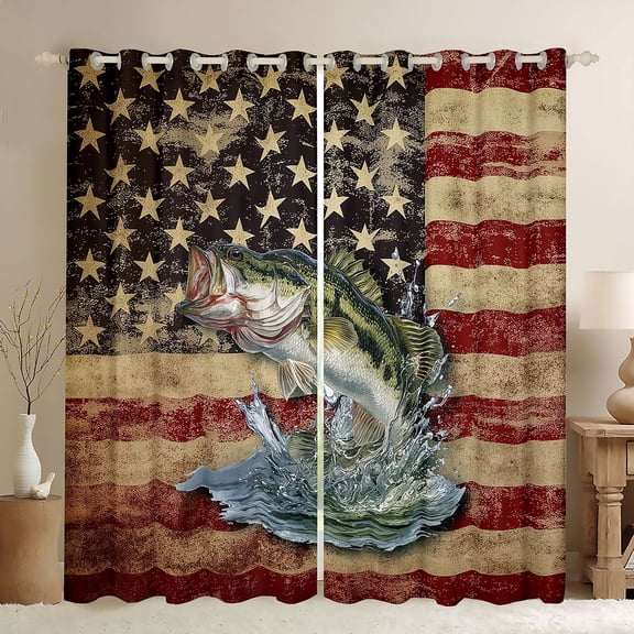 Manfei Vintage Bass Fish Blackout Curtains, Rustic American Flag Window Curtains Pack of 2 (38x45 Each), Red Navy Beige