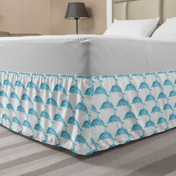 Sea Animals Bed Skirt, Aquatic Dolphin Leaf Ornamentals Abstract Artwork Playful Fish, Elastic Bedskirt Dust Ruffle Wrap Around for Bedding Decor, 4 Sizes, Blue White, by Ambesonne