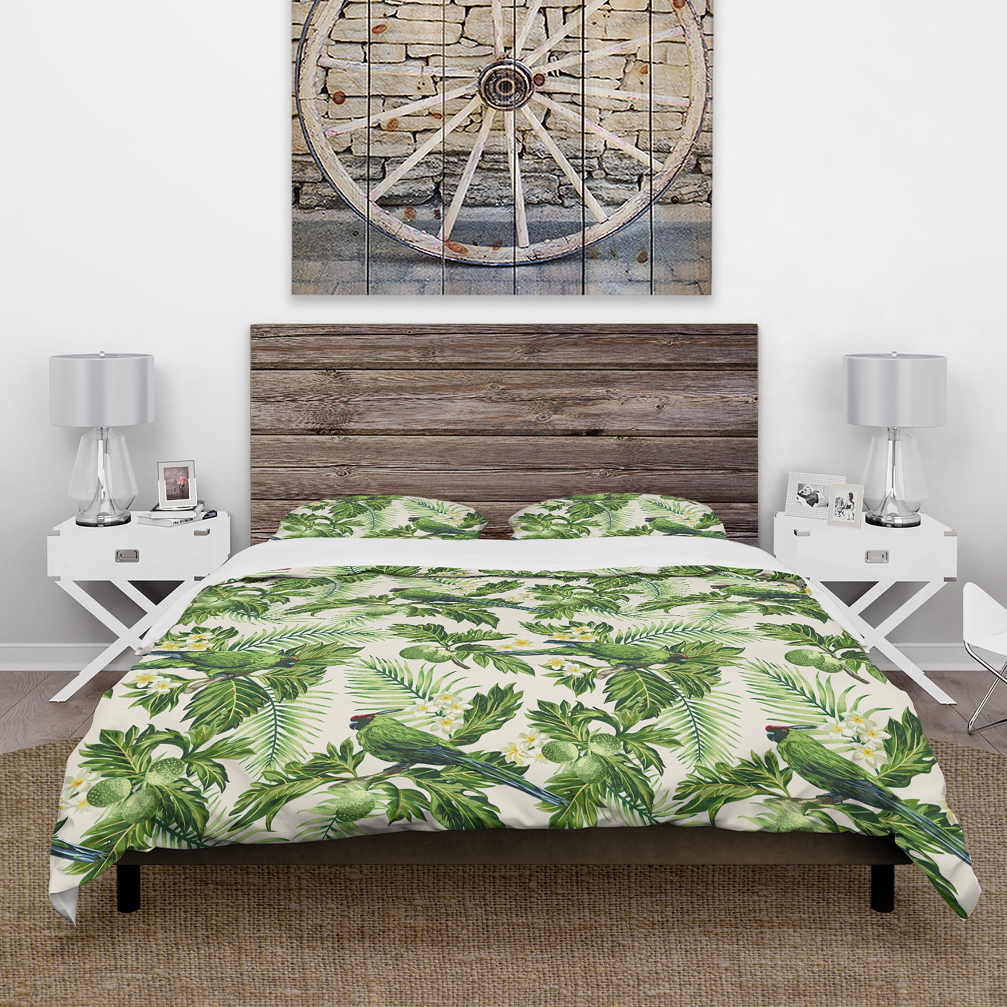 Designart 'Tropical Leaves, Green Bird and White Flowers' Animals Duvet Cover Set