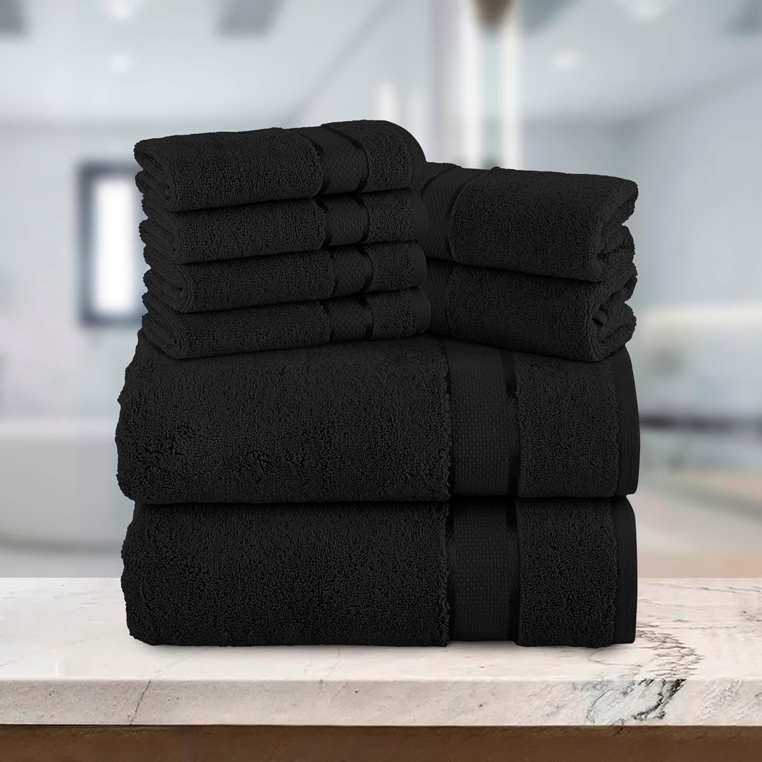 Cotton 8-Piece Towel Set, Includes 4 Washcloths, 2 Hand Towels and 2 Bath Towels, 100% Turkish Cotton - Highly Absorbent and Super Soft Towels for Bathroom, Black