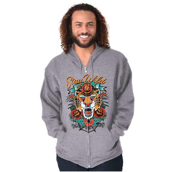 Stay Wild Tiger Head Rose Tattoo Unisex Fleece Graphic Zip Up Hoodie Brisco Brands 2X